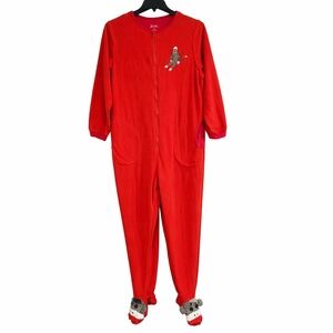 Nick & Nora Adult Sz XL Pajamas Sock Monkey Red Fleece Footed One Piece Pockets